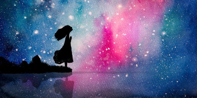 A watercolor image of a silhouette girl looking up at the stars.