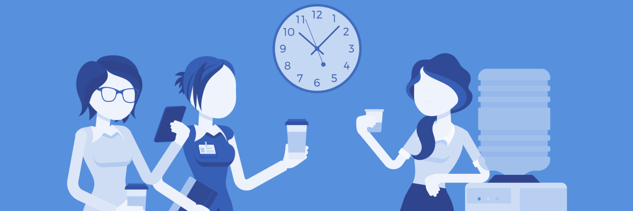 Anxiety Makes Me Avoid One of My Important Job Descriptions Office cooler chat. Young female workers having informal conversation around a watercooler at workplace, colleagues refreshing during a break. Vector illustration with faceless characters