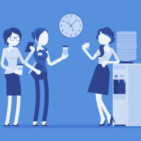 Office cooler chat. Young female workers having informal conversation around a watercooler at workplace, colleagues refreshing during a break. Vector illustration with faceless characters