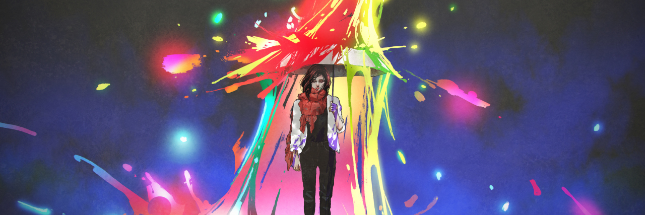 The Storm Within: Navigating Borderline Personality Disorder Intensity woman holding umbrella protecting herself from colored splashes, digital art style, illustration painting