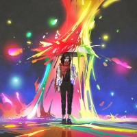 woman holding umbrella protecting herself from colored splashes, digital art style, illustration painting