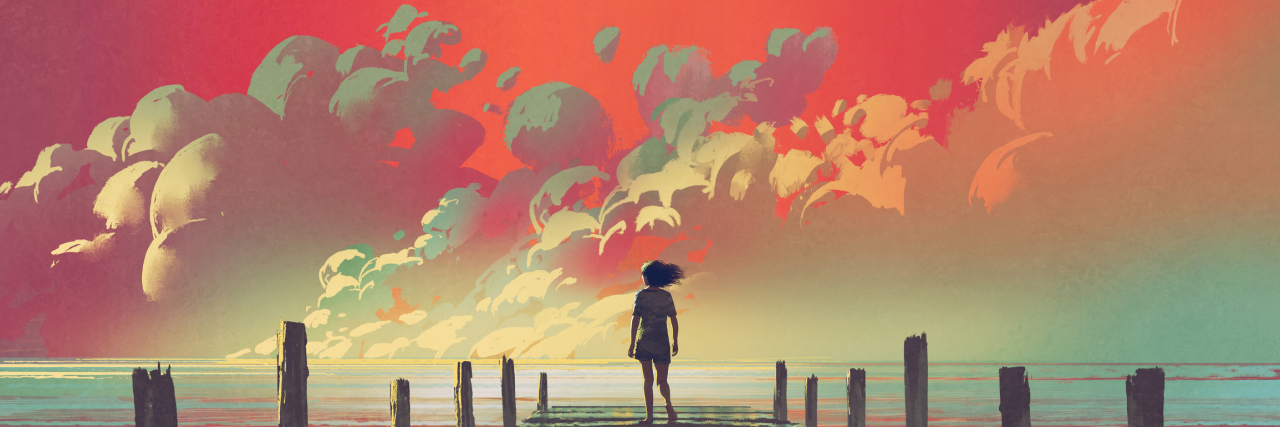 Hypervigilance: It's Not You, It's Me beautiful scenery of the woman standing alone on a wooden pier looking at colorful clouds in the sky, digital art style, illustration painting