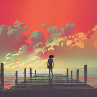 beautiful scenery of the woman standing alone on a wooden pier looking at colorful clouds in the sky, digital art style, illustration painting