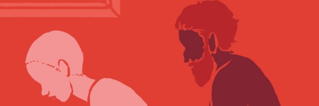 5 Disability-Inclusive Sex Positions to Spice Up the Bedroom Red and pink illustration, Bald woman is in front bent over a darker man with a beard.