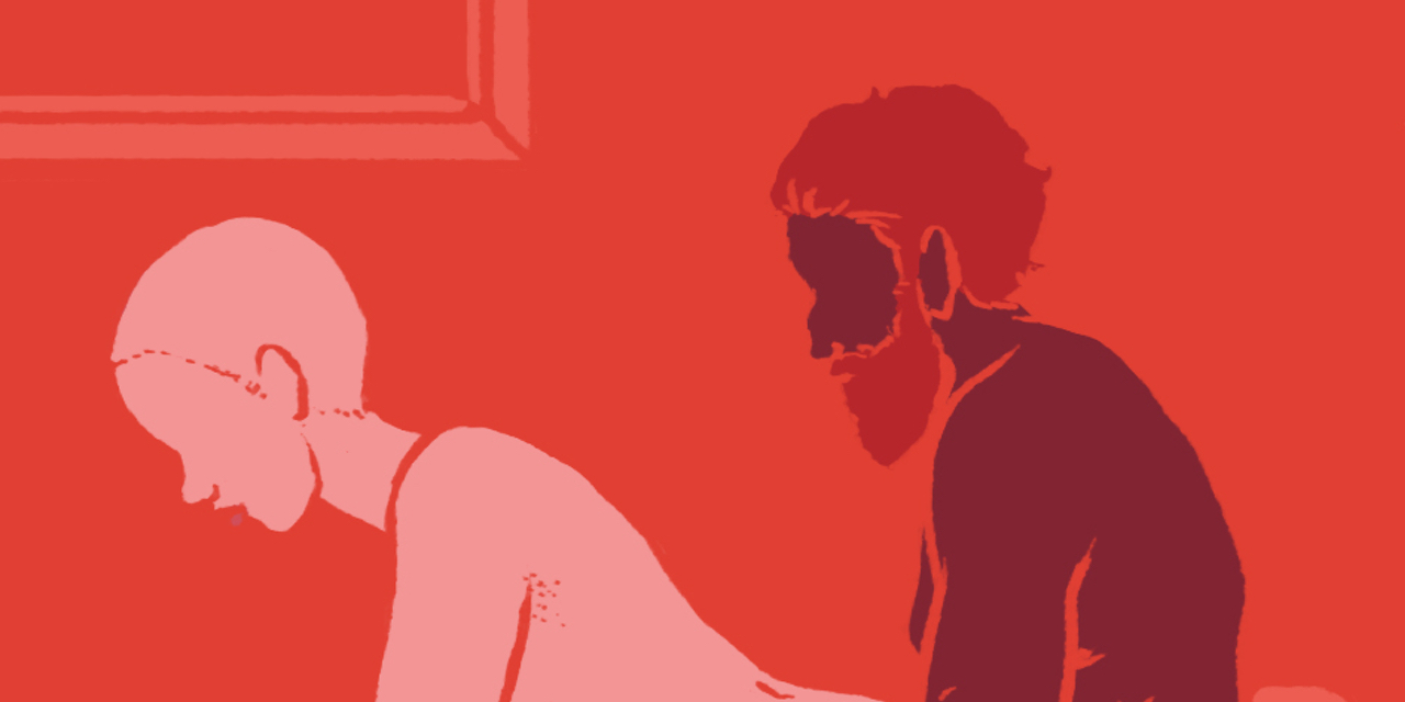 Red and pink illustration, Bald woman is in front bent over a darker man with a beard.