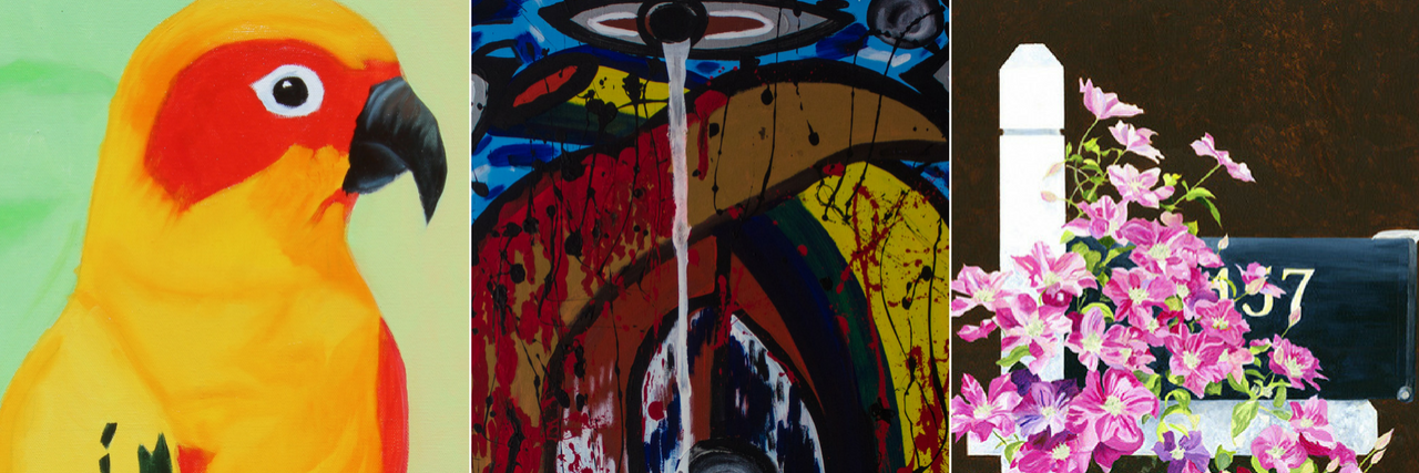 12 Incredible Artists With Down Syndrome Three paintings. 1. a parrot by Megan Hawk. 2. "lagrimas" by Alan Tellez 3. mailbox with flowers by Bernadette Resha