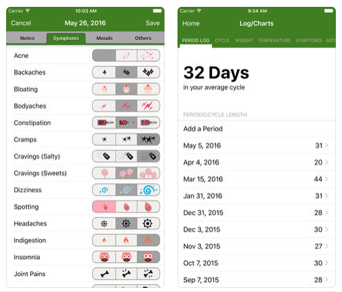 screenshots of period tracker app