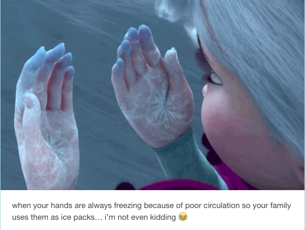 when your hands are always freezing (photo of elsa from frozen with icy hands)