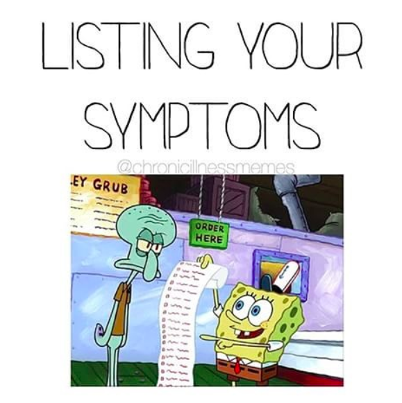 listing your symptoms, with spongebob holding long piece of paper with countless bullets