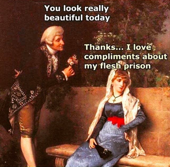 classic painting of man offering flower to woman and saying you look really beautiful today. woman says thanks, i love compliments about my flesh prison