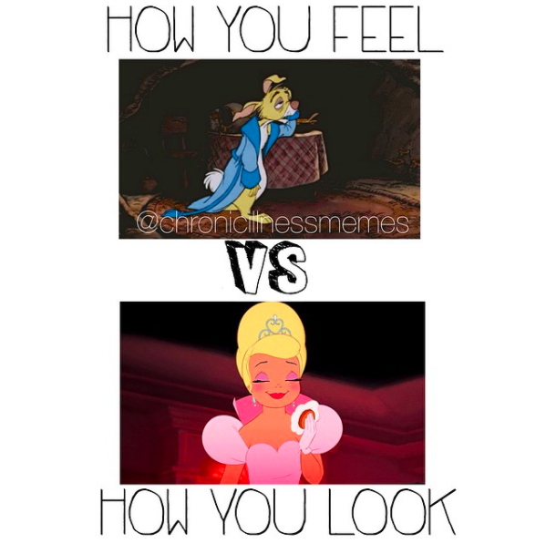 cartoon character looking tired with caption how you feel vs photo of cartoon princess and caption how you look