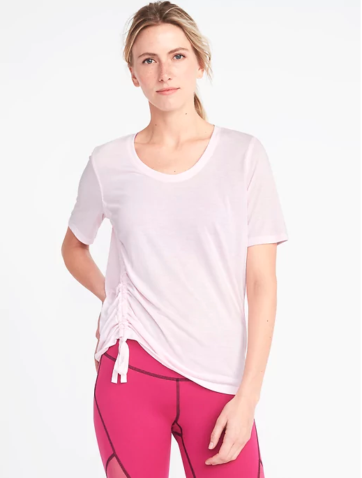 white t shirt with side ruching and pink leggings