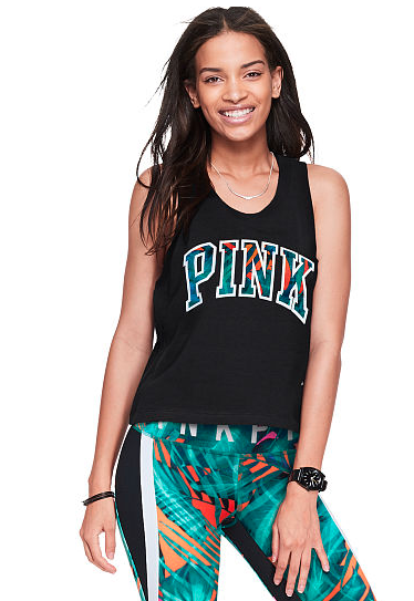 black tank with pink in block letters and jungle print and jungle print leggings