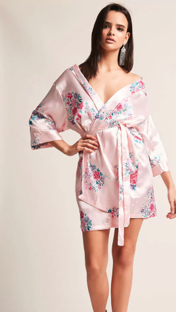 pink floral short robe with long sleeves