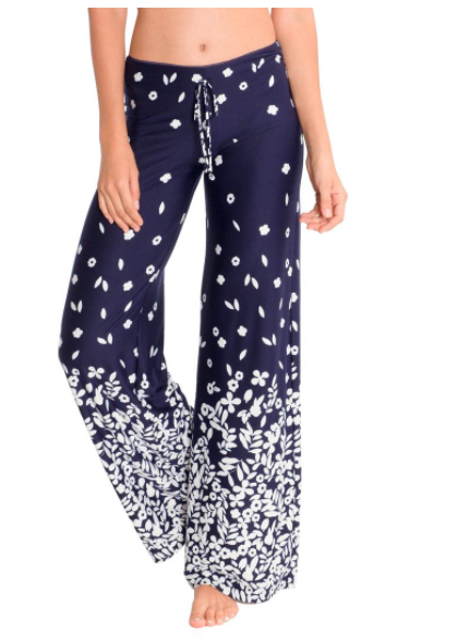 blue pajama pants with white floral pattern