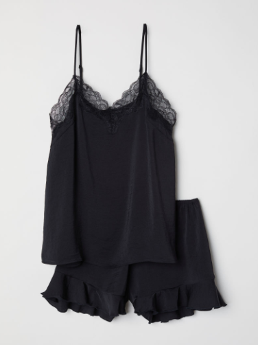black lace camisole and black shorts with ruffle