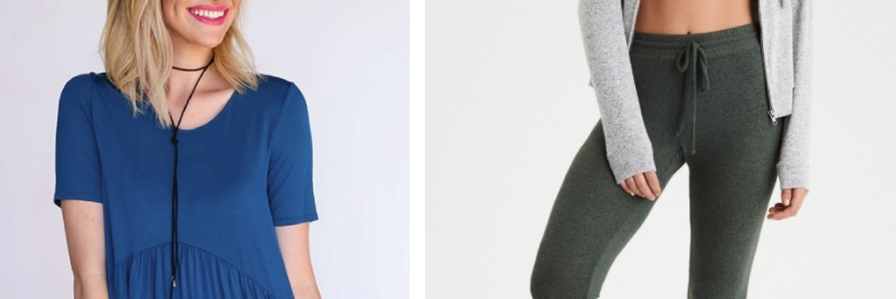 12 Loungewear Brands That Are Dressier Than Pajamas blue tunic shirt and green sweatpant leggings