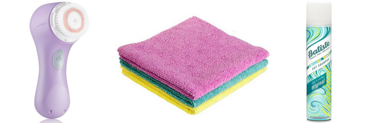 17 Hygiene Products to Use When You Can't Shower clairsonic facial cleansing brush, norwex wash cloths and batiste dry shampoo