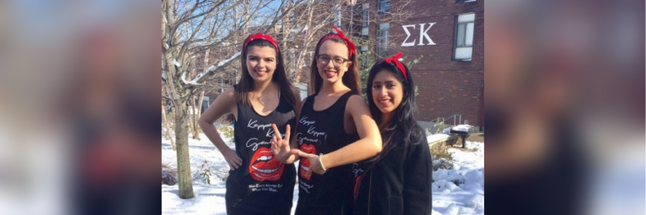 How to Succeed in College With a Chronic Illness three sorority girls standing outside in the snow wearing matching clothes