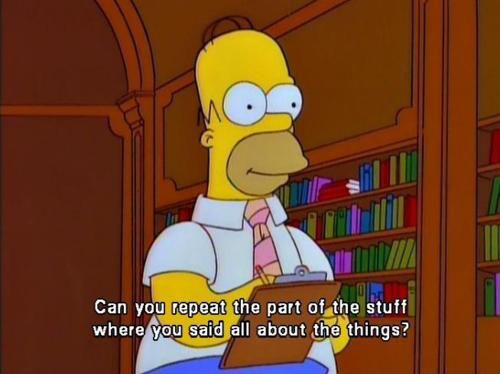 homer simpson saying "can you repeat the part of the stuff where you said all about the things?"