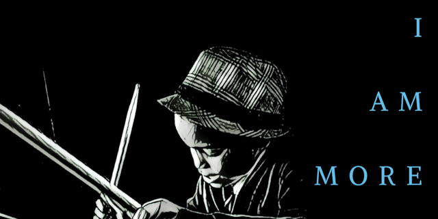 Please See My Son Beyond an Autism Label Little boy playing drums. Black and white image with the words "I am more than autism"