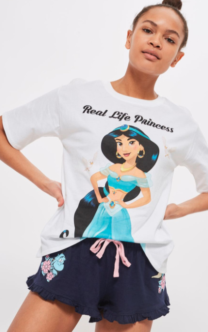 white t shirt with princess jasmine and text real life princess with blue shorts with picture of genie