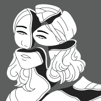 an illustration of a woman's face broken into pieces