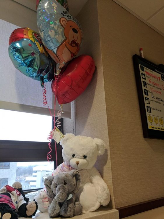 two stuffed animals and some colorful balloons sitting next to the window in a hospital room