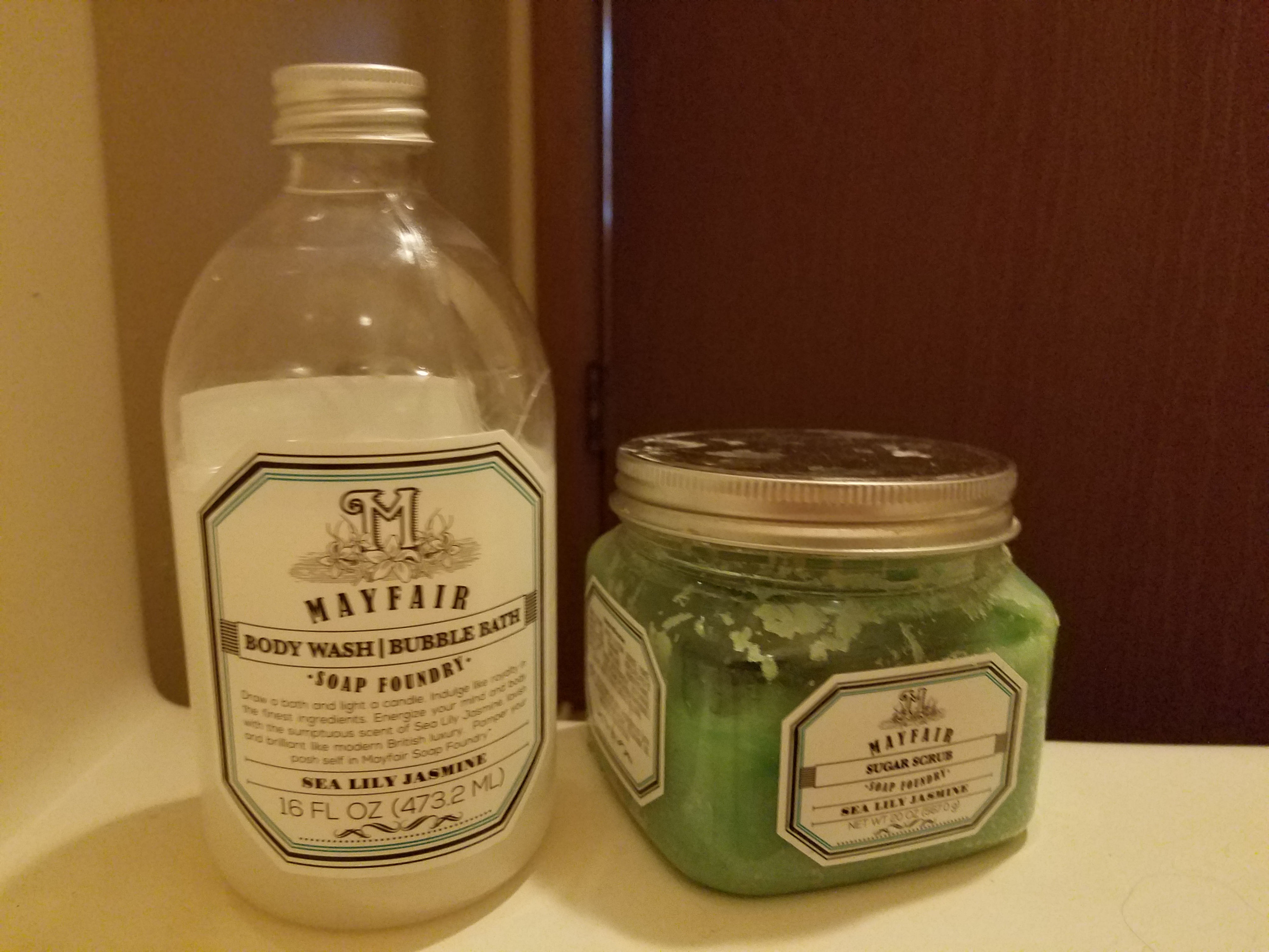 A photo of bath soaps and supplies.