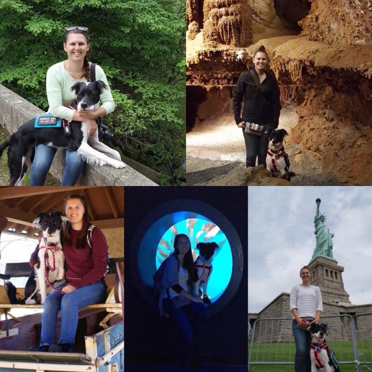 collage of photos of woman in different travel destinations with service dog