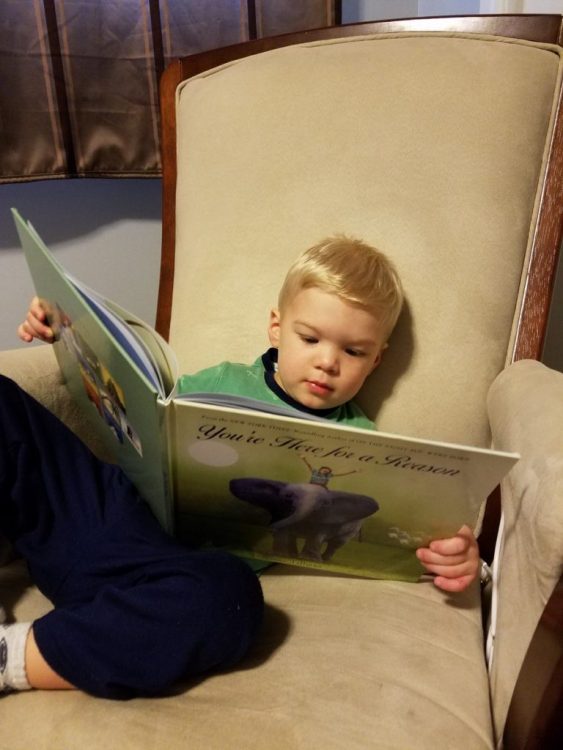 young boy sitting in an armchair holding a book