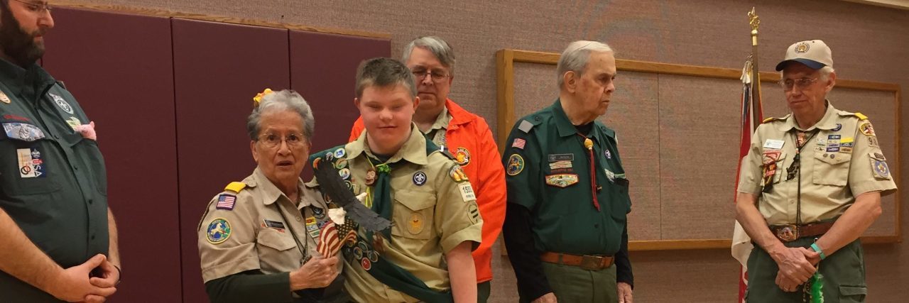 Boy Scouts Discriminate Against Boy With Down Syndrome Logan Blythe with local Scout leaders accepting his project for Eagle Scout