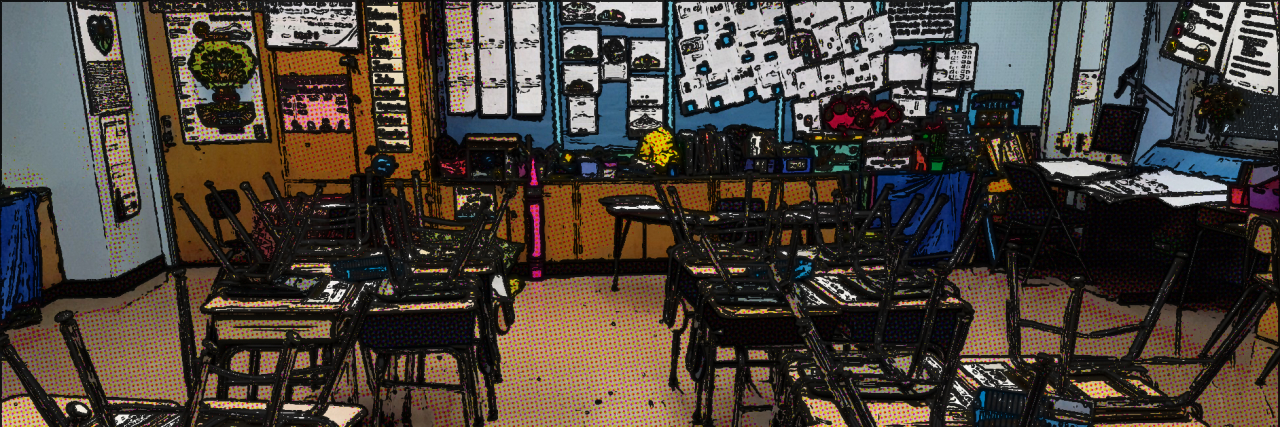 How to Protect Students' Mental Health During Active Shooter Drills  Cartoon-like image of a classroom. The chairs on the desks. No students are in the room.