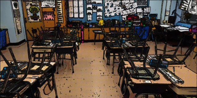 Cartoon-like image of a classroom. The chairs on the desks. No students are in the room.