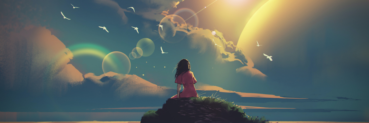 illustration of woman sitting and looking at the sky, digital art style