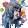 Abstract watercolor portrait of young woman with a long hair with a rainbow colored circles on background isolsted