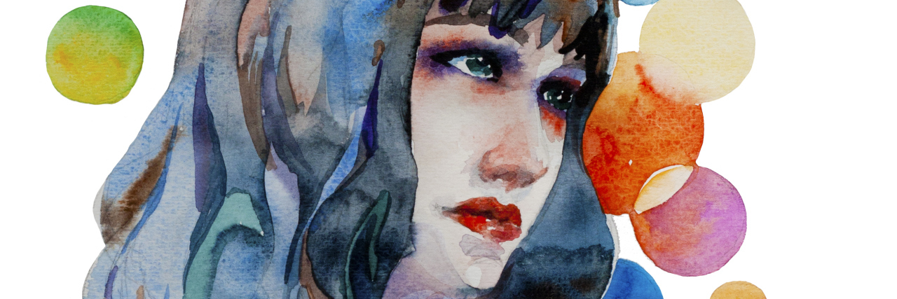 Why I Apologize for Existing Abstract watercolor portrait of young woman with a long hair with a rainbow colored circles on background isolsted