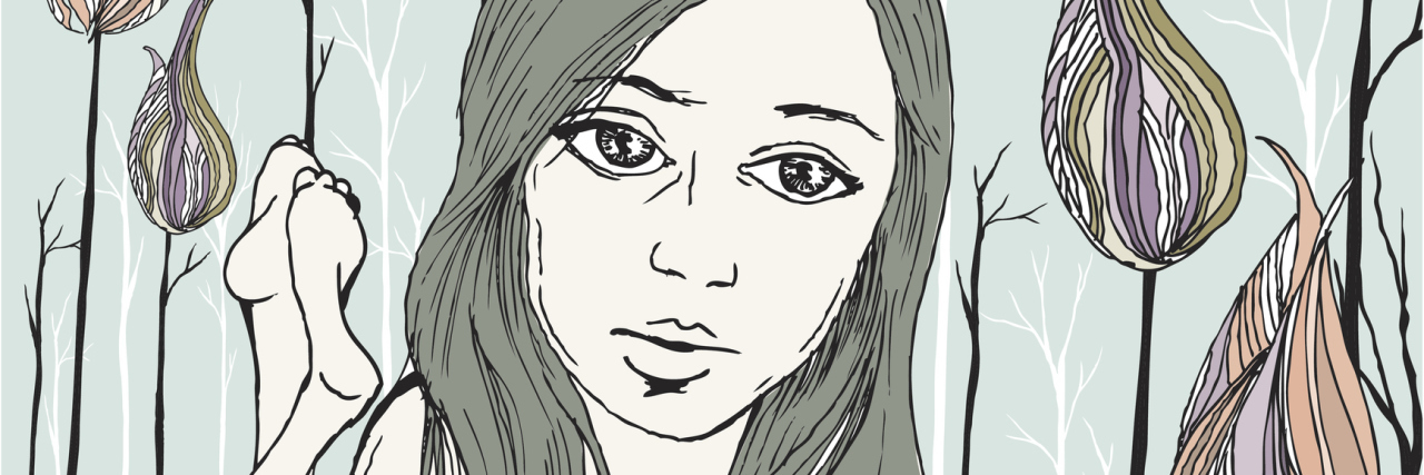 Why Honesty Is Important in Bulimia Recovery Original illustration of young girl laying in a field of flowers and holding a small crow.