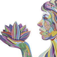 colorful illustration of woman holding a lotus flower