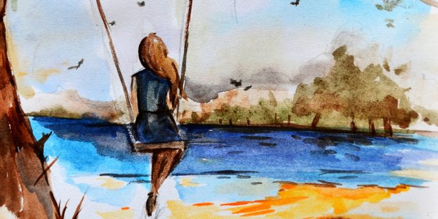 A watercolor image of a woman on a swing.
