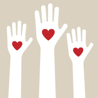 People raising their hands with hearts on them.