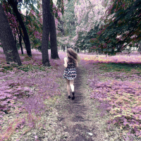 Blurred motion abstract image of a young woman traveling away from the camera. The girl travels down a path that has purple leaves growing on either side of it. She moves toward a forest with green trees. The trunks of the trees are curved unnaturally and appear warped.