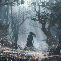 woman in mysterious dark forest,illustration painting