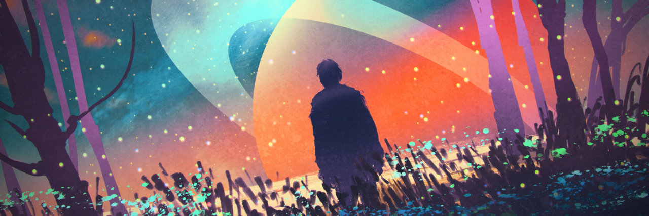 What It's Like to Hear: 'It's All About You, Isn't It?' man standing alone in forest with fictional planets background,illustration