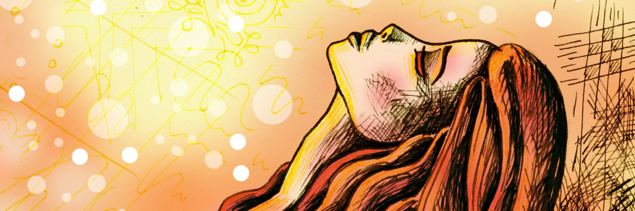 Having Fibromyalgia and Being Emotionally Sensitive illustration of a woman with long wavy hair looking up with her eyes closed against a backdrop of light