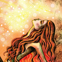 illustration of a woman with long wavy hair looking up with her eyes closed against a backdrop of light