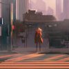 lonely woman standing on urban pedestrian crossing,illustration painting