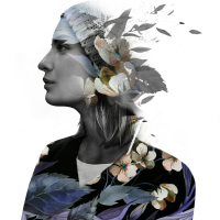 double exposure of woman wearing a beanie and plumeria flowers
