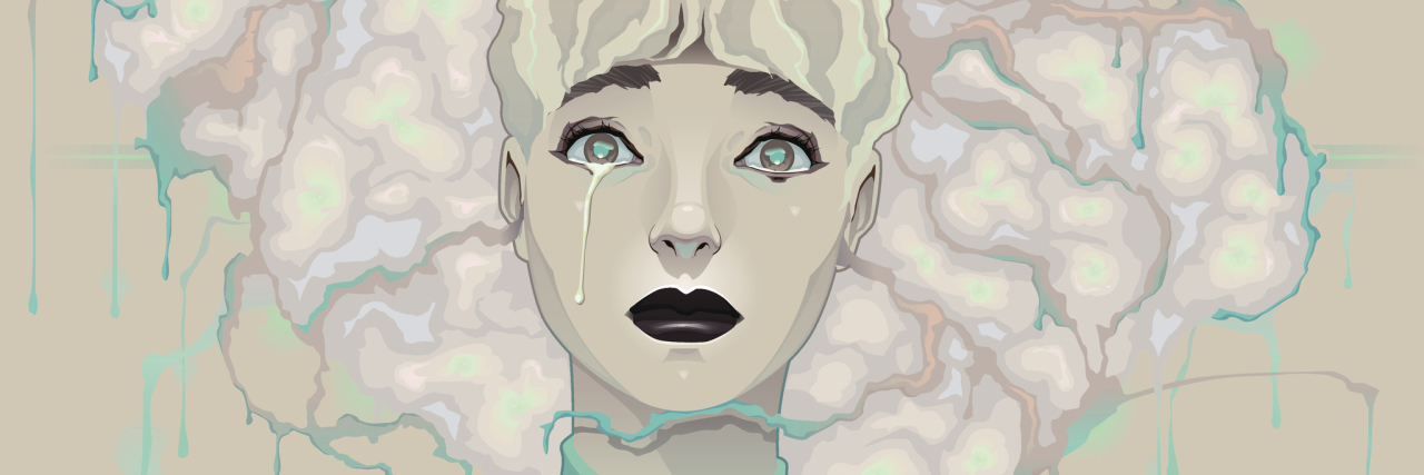Crying, Grieving and Feeling Sad About Your Chronic Pain illustration of a woman with blonde hair wearing a green shirt and crying, with a single tear running down her cheek