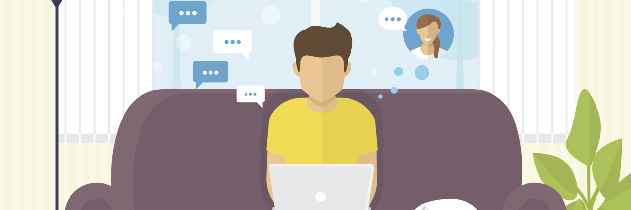 The Importance of Online Dysautonomia Support Groups illustration of a man on his laptop at home